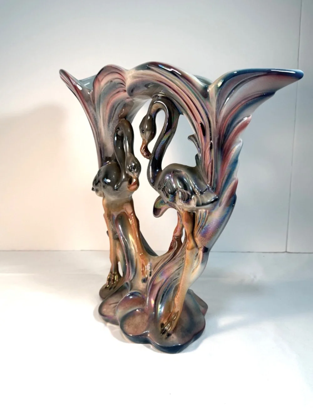Vintage Large Iridescent Flamingoes Lustreware Double Vase 12.5